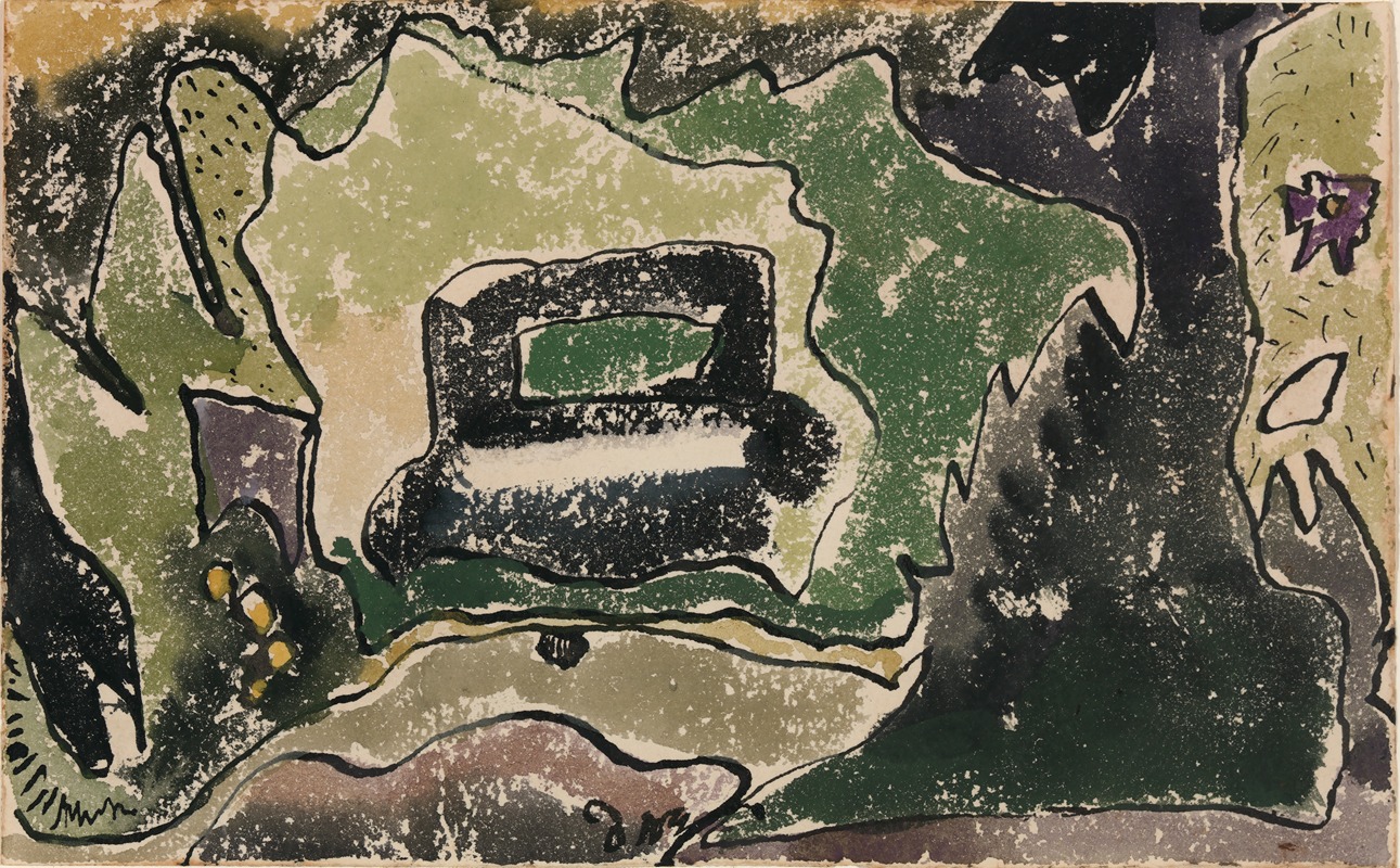A colorful, abstract depiction of a car crossing a street.