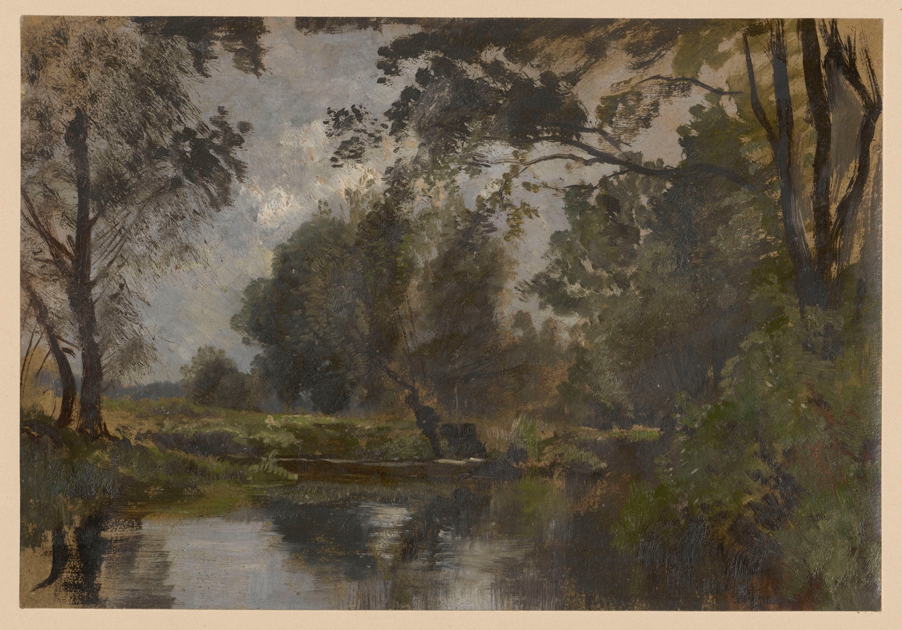 Trees by the Spree I, oil painting by Adolf Dressler, depicting trees and a river under sunlight.