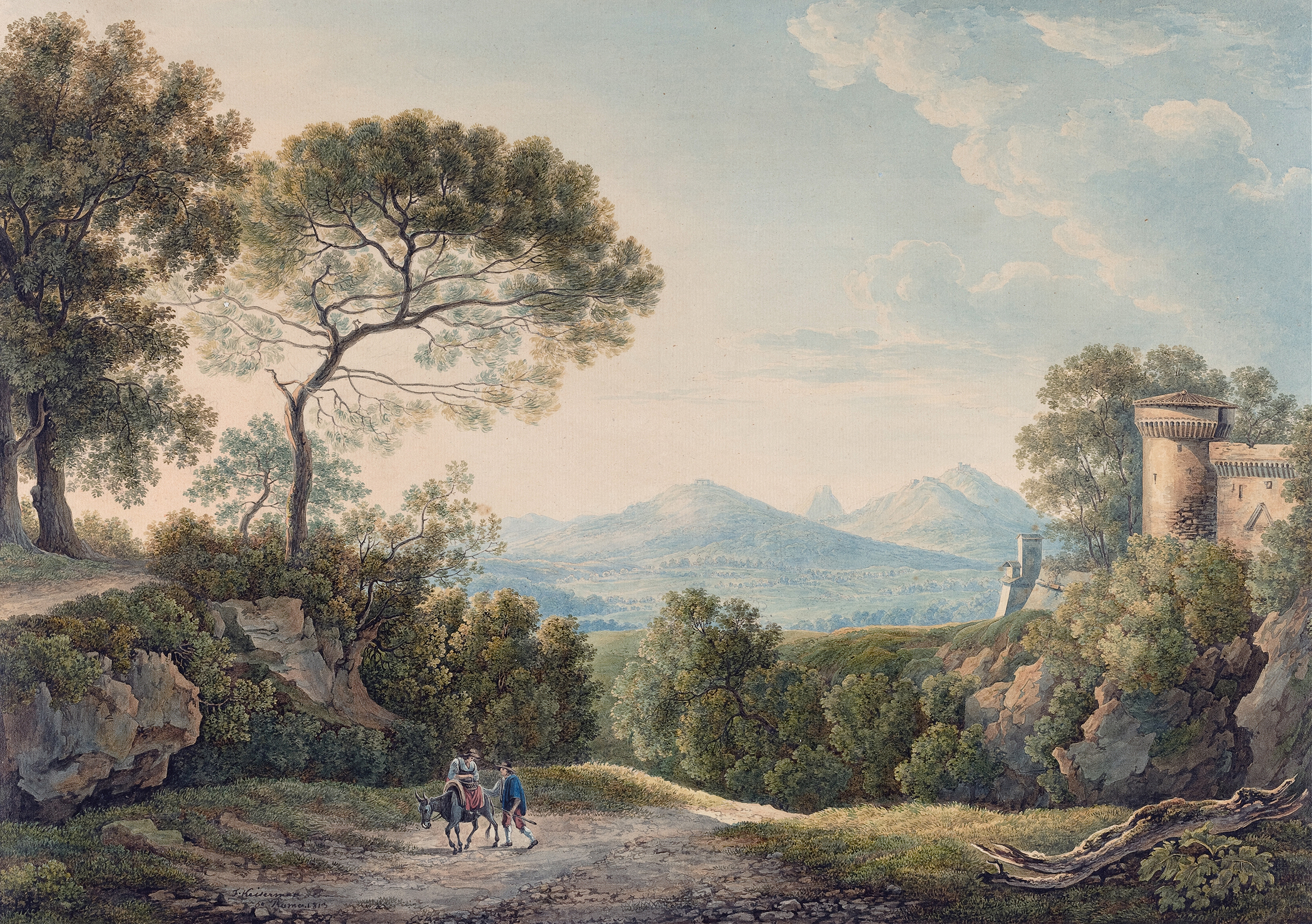 Oil painting by Franz Kaisermann depicting the Tiber Valley at sunset