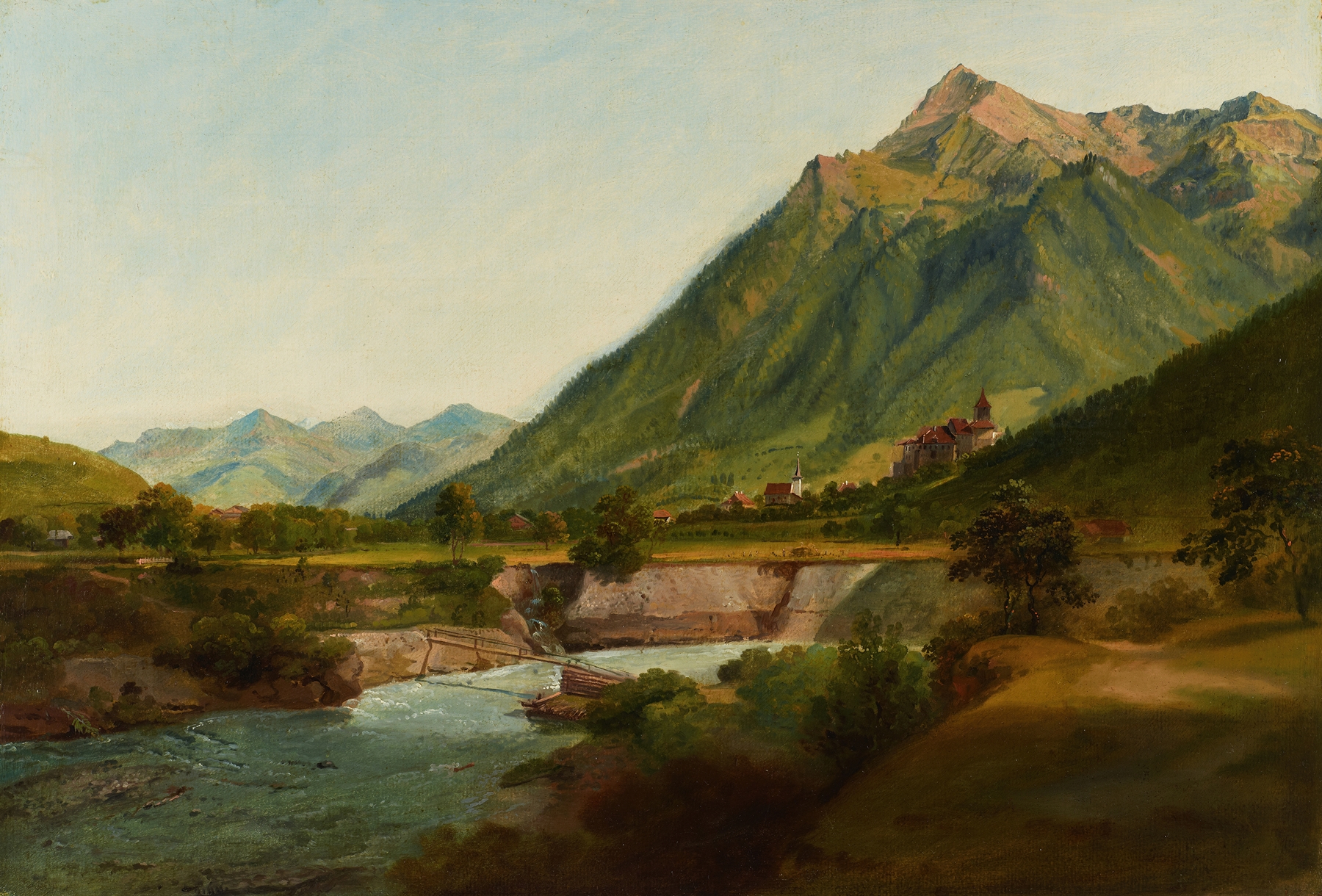 Vue du Château de Wimmis et des environs by Johann Ludwig Aberli, landscape artwork