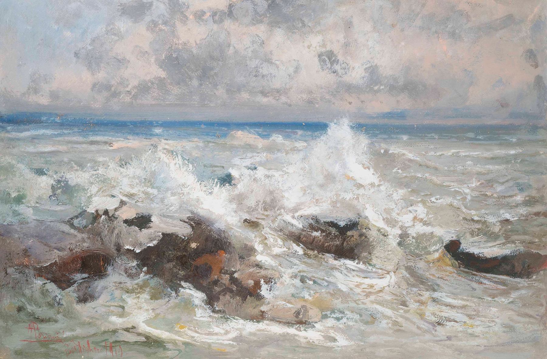 Waves crashing on the rocks at Bordighera, oil painting by Pompeo Mariani