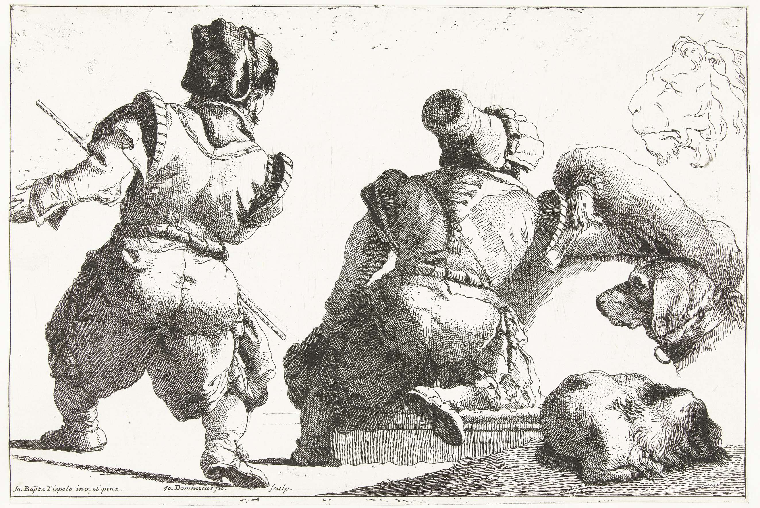 Studies van twee mensen, twee honden en een kop van een leeuw, by Giovanni Domenico Tiepolo, public domain