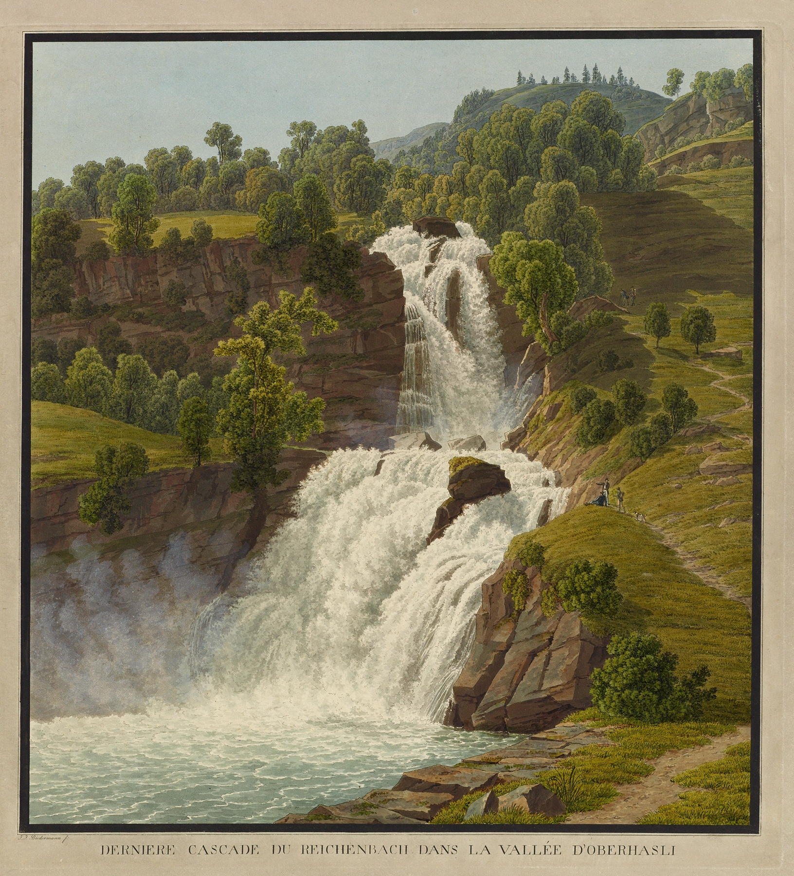 Reichenbachfall oil painting by Johann Jakob Biedermann depicting a waterfall and rocky landscape