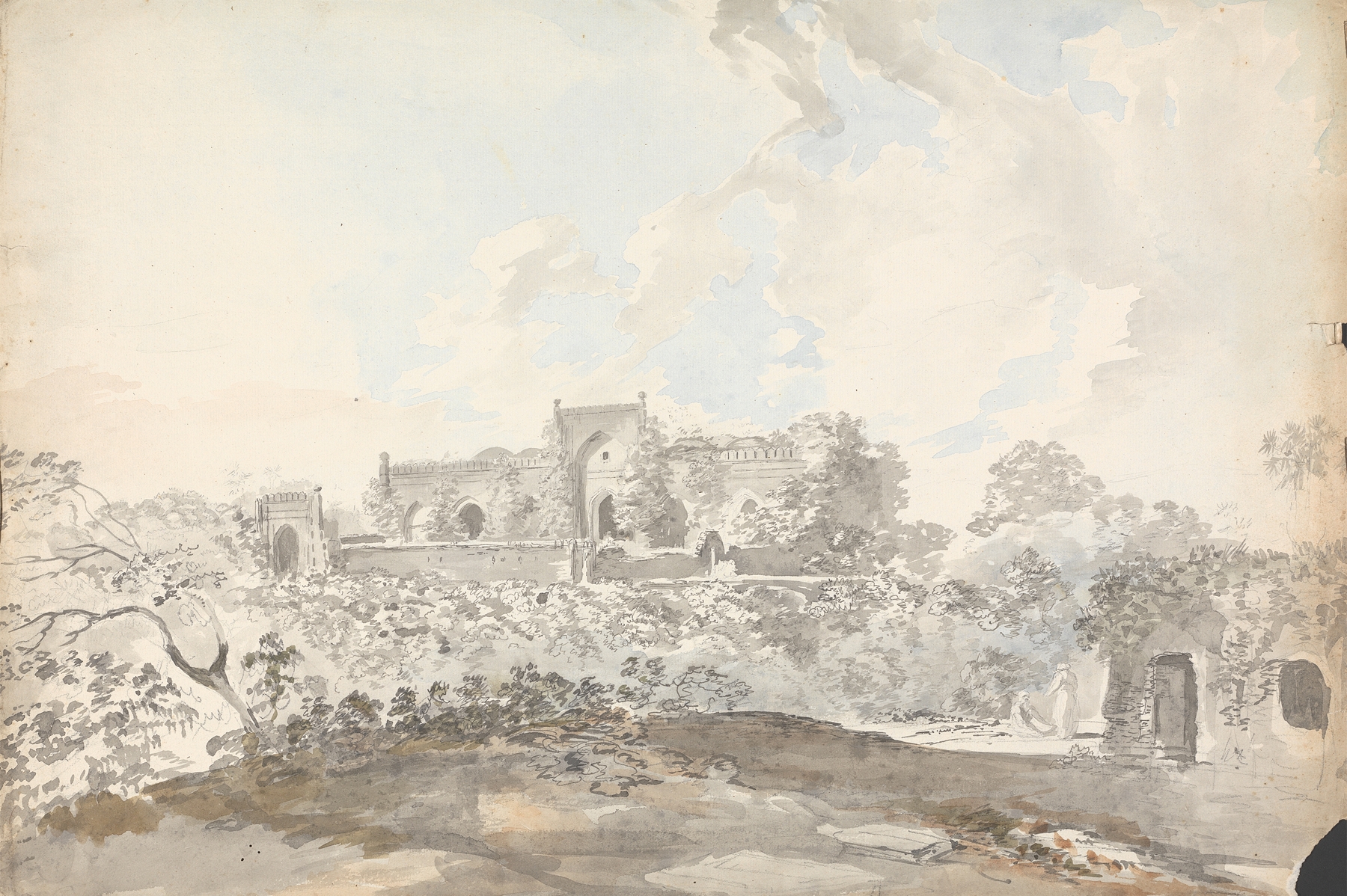 Old Mosque at Rajemahl by Samuel Davis, oil on canvas depicting a solemn mosque in a tranquil landscape