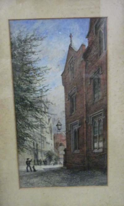 Watercolour by Ebenezer Crawford depicting a street scene with a boy and dog.