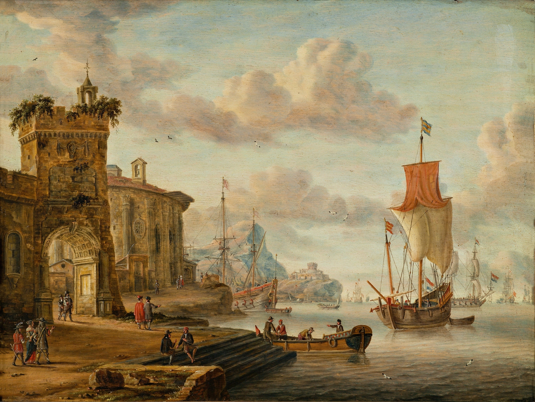 Harbour scene with ancient ruins, by Abraham Storck, public domain