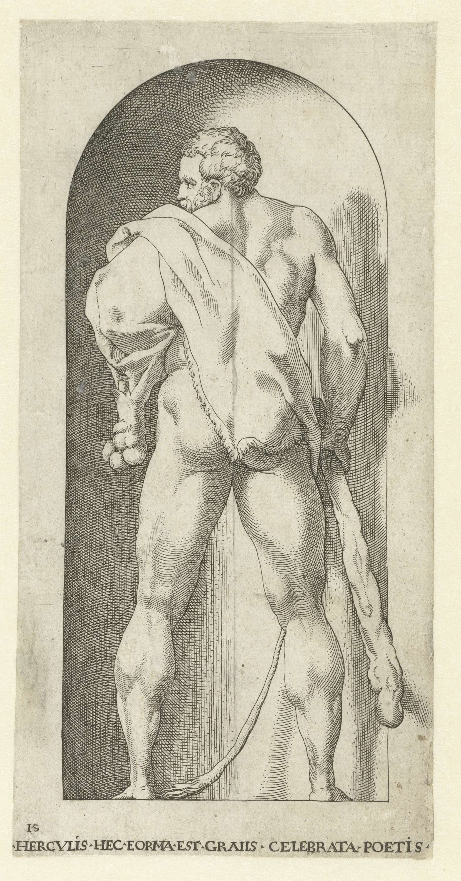 Engraving by Jacob Binck depicting Hercules draped in a lion skin