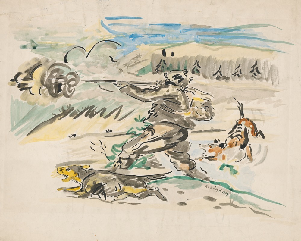A detailed depiction of a huntsman in a natural setting.