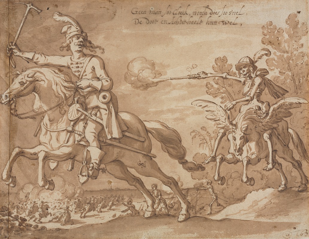 A dramatic depiction of Death pursuing a knight on horseback.