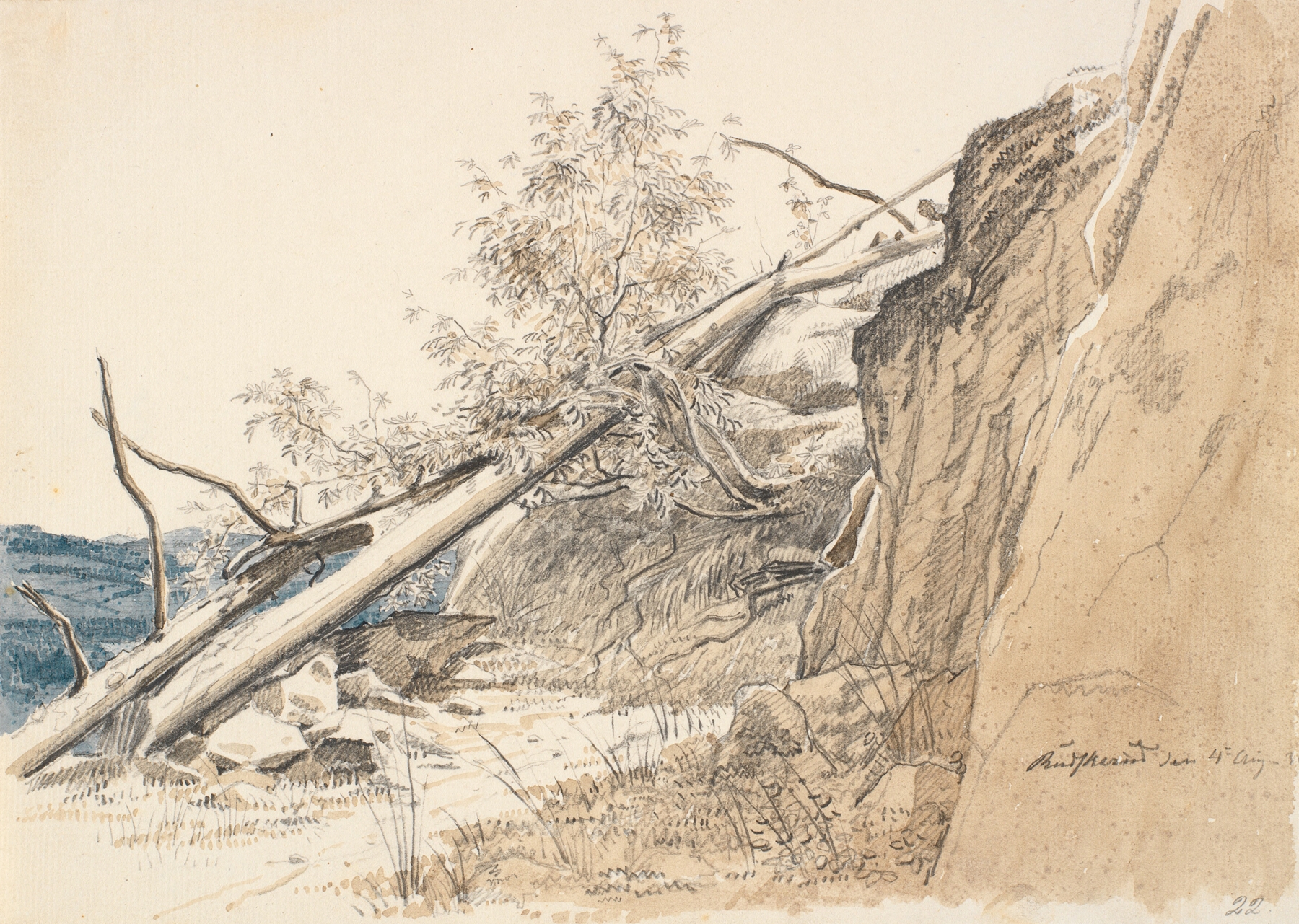 Tree Trunk Leaning Against a Rock. Norway, by Martinus Rørbye, public domain