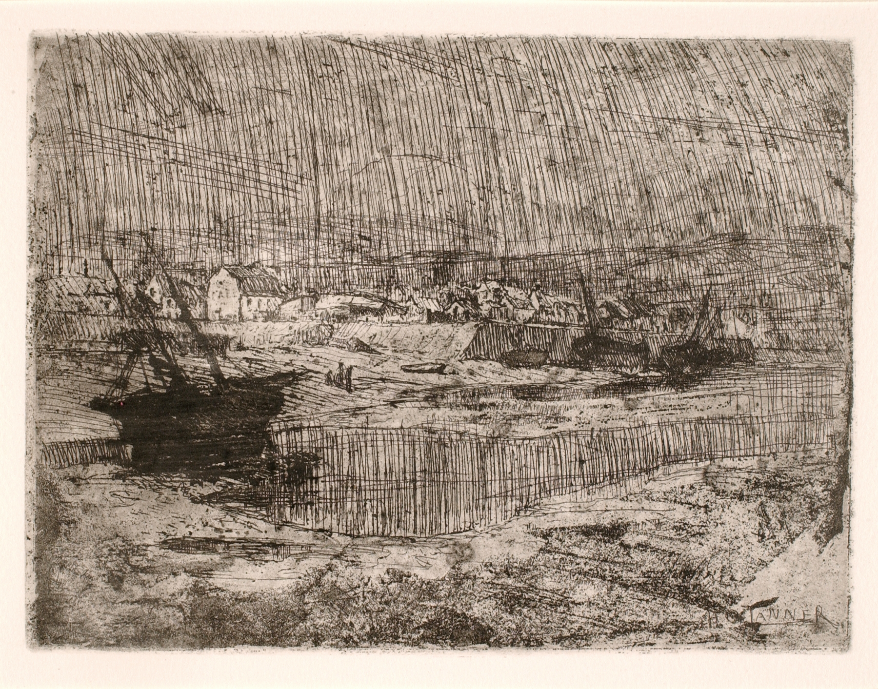 Capsized Fishing Boats, Brittany by Henry Ossawa Tanner, oil painting depicting fishing boats on water