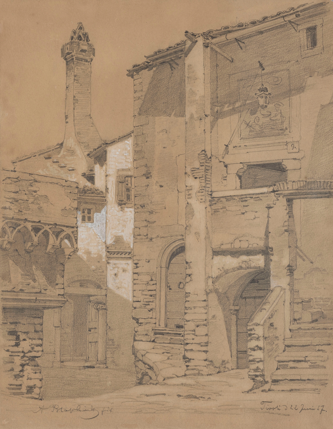 Romanticism oil on canvas by Arthur Blaschnik depicting medieval houses in Tivoli