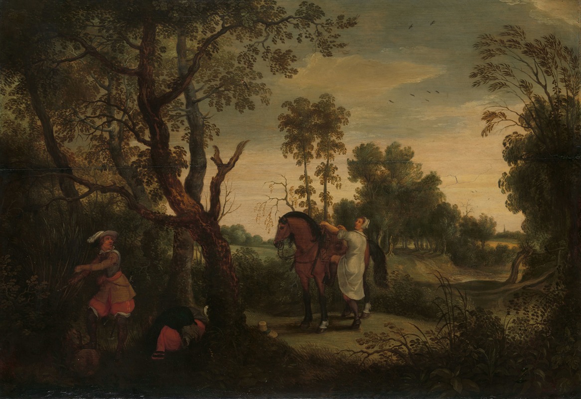 A woman mounts a horse in this historical painting by Sebastian Vrancx.