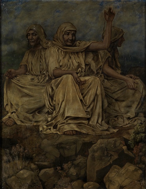 A painting depicting the Norns, mythological figures from Norse mythology.