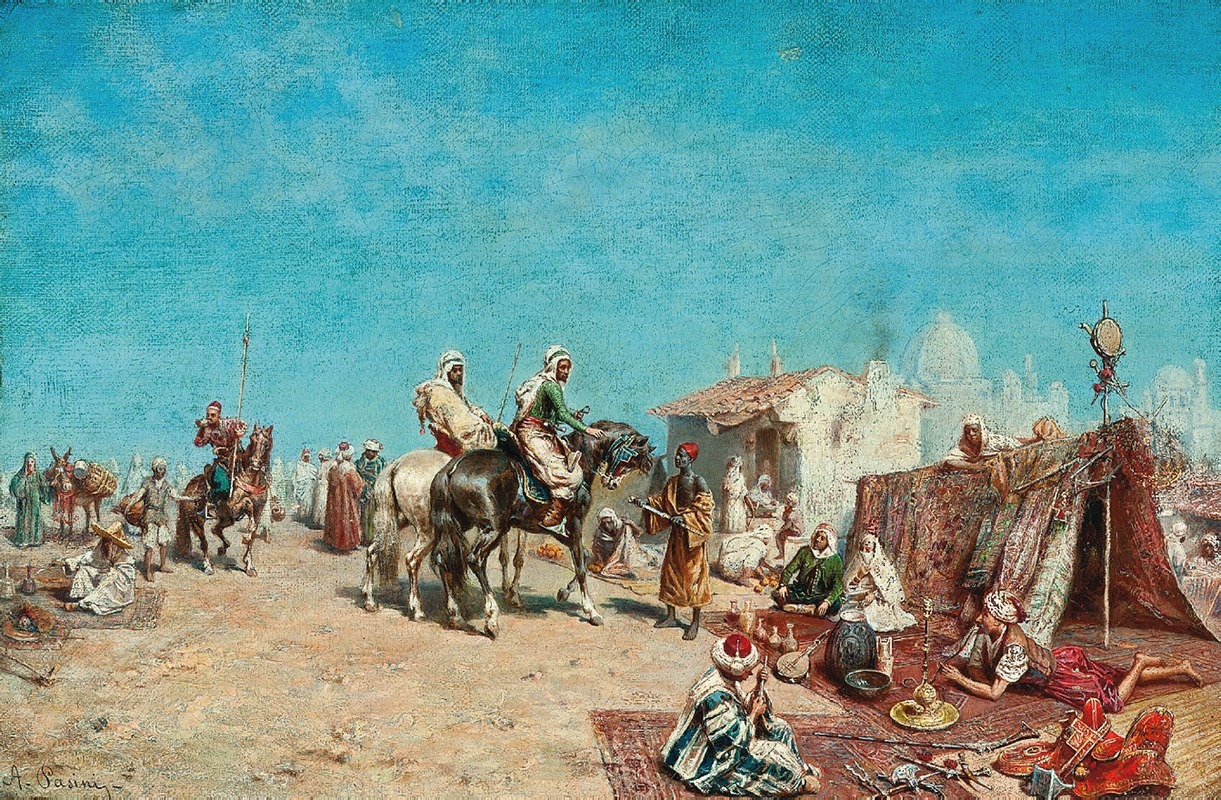 A vibrant depiction of Arab merchants engaging in trade near city walls.