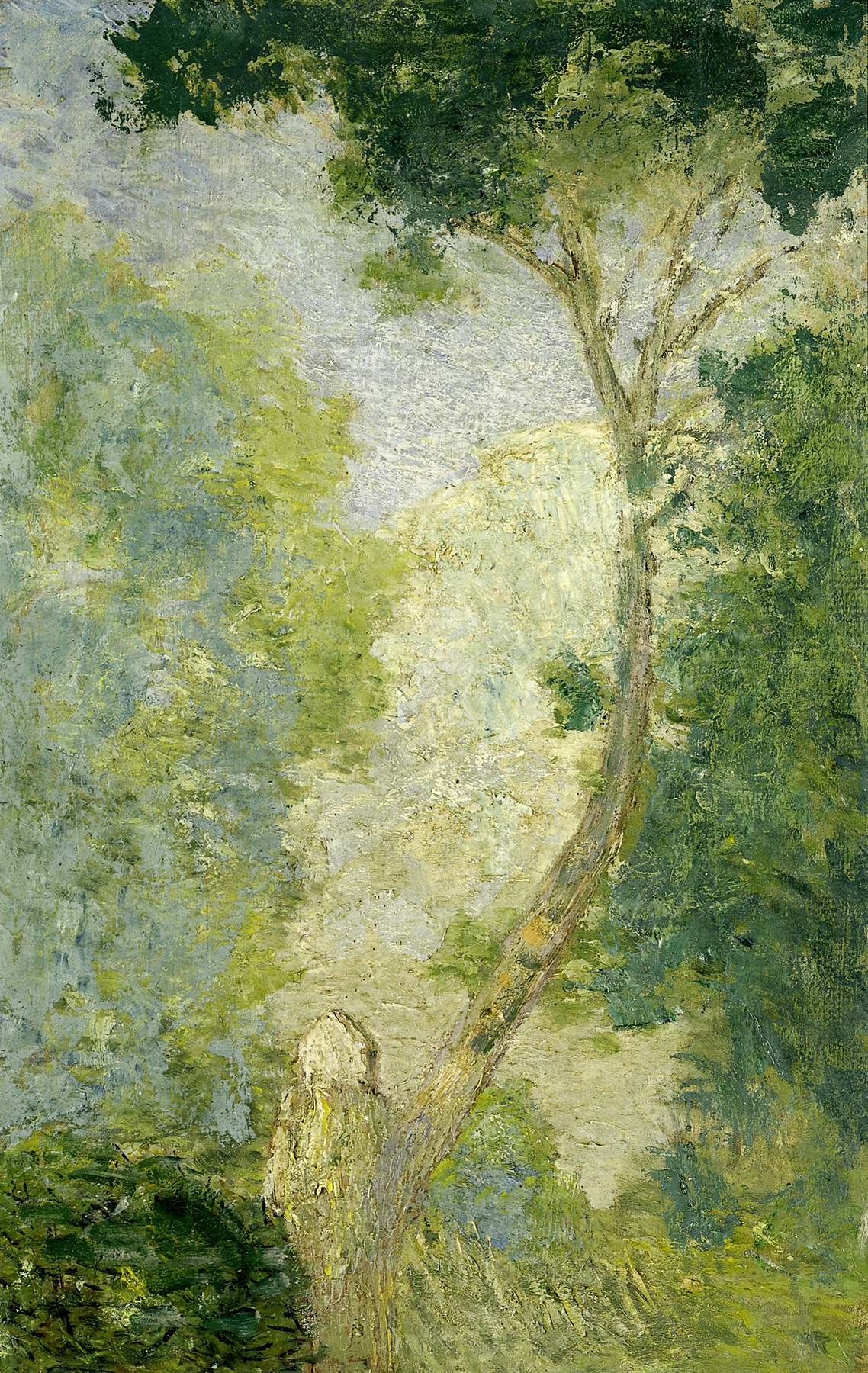 Landscape by Julian Alden Weir, oil on canvas depicting lush foliage and vibrant hues.
