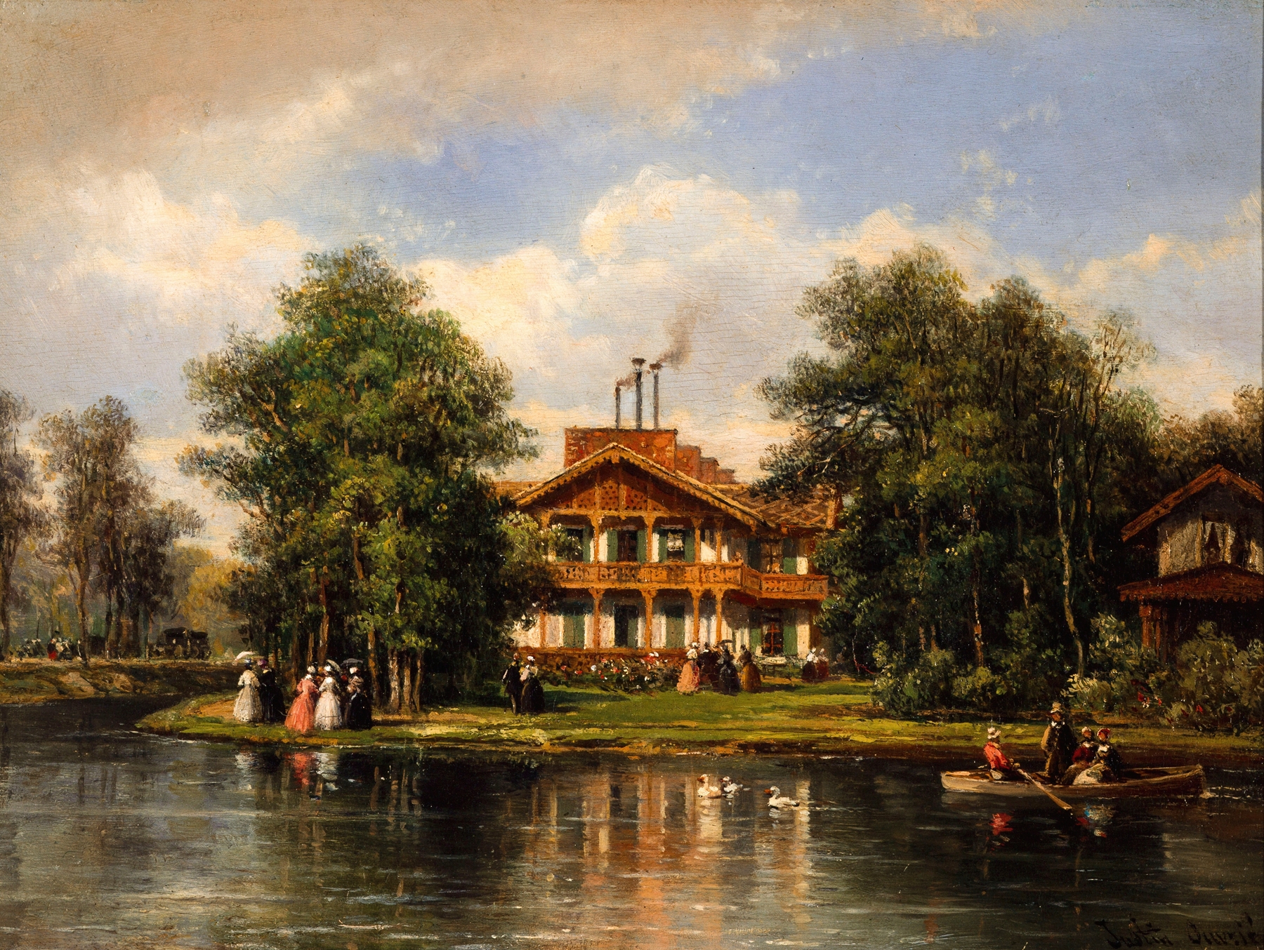 Landscape featuring a yellow chalet in the Bois de Vincennes by Pierre-Justin Ouvrié, oil painting