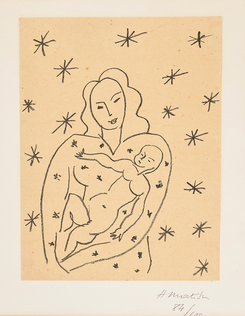 Henri Matisse's 'Vierge et enfant sur fond étoilé' depicts a serene Virgin and Child against a starry background.