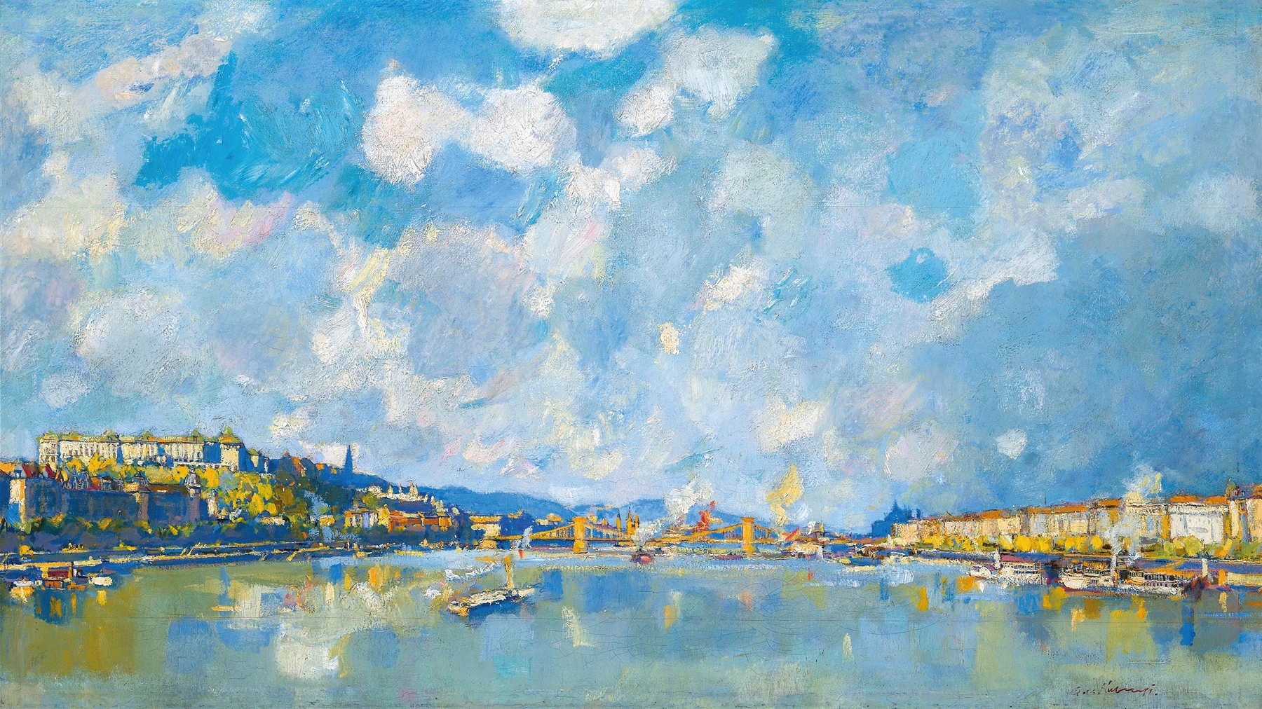 A View of Budapest with the Chain Bridge, oil on canvas by Alexander Kubínyi