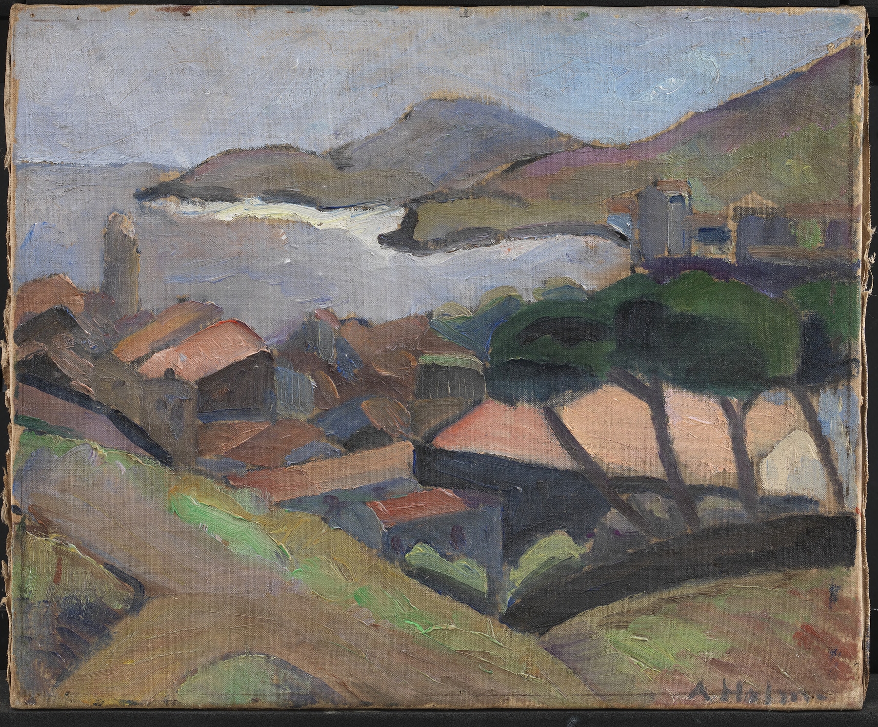 View of Collioure by Astrid Holm, oil painting depicting a serene landscape with sea and sunlight.