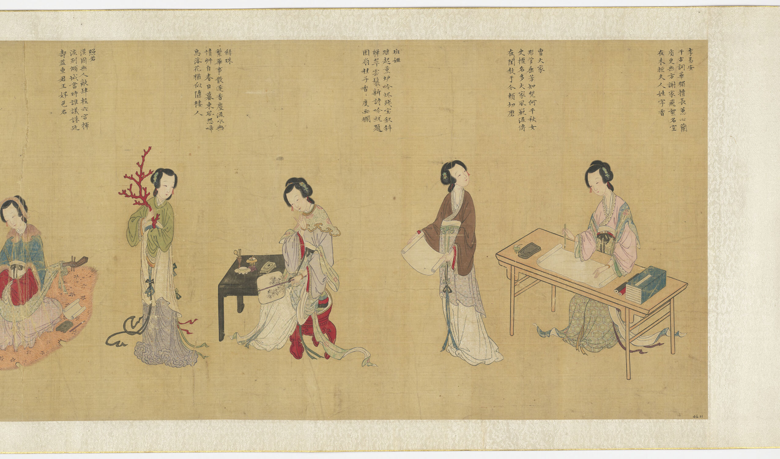 Figurative silk artwork by Qiu Ying featuring a woman and lotus