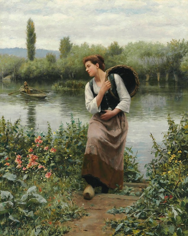A woman carrying a basket in a serene rural setting.