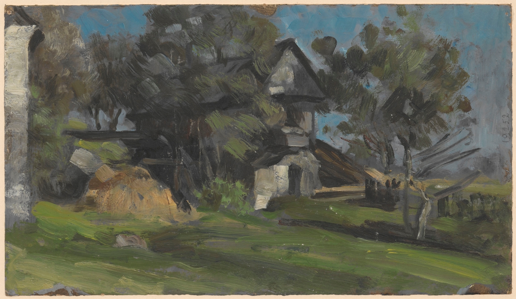 House among trees, oil on canvas by Johannes Graf, depicting a tranquil landscape with strong trees.