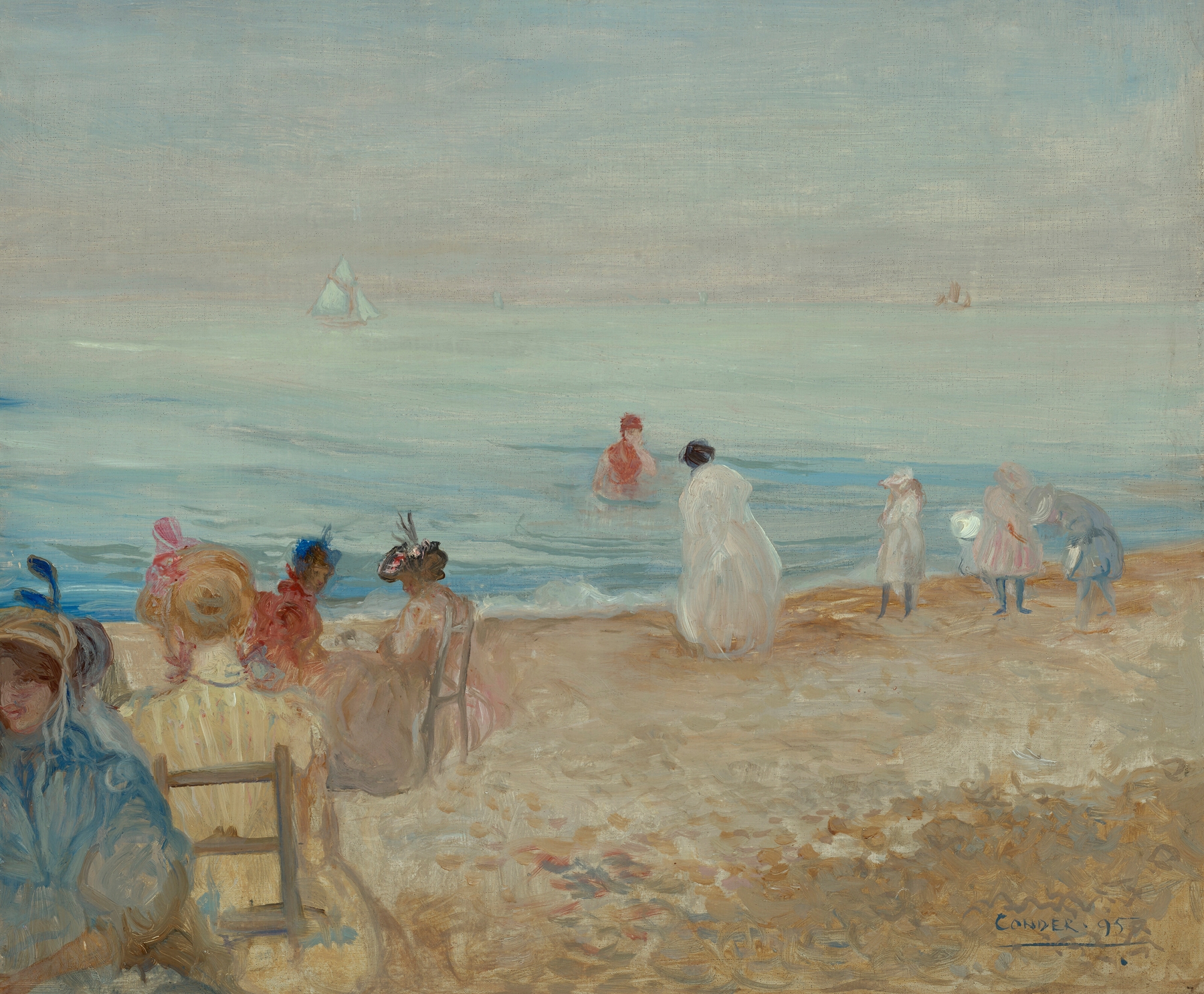 The Beach at Pourville by Charles Conder, oil painting depicting a sunlit shore and gentle waves.