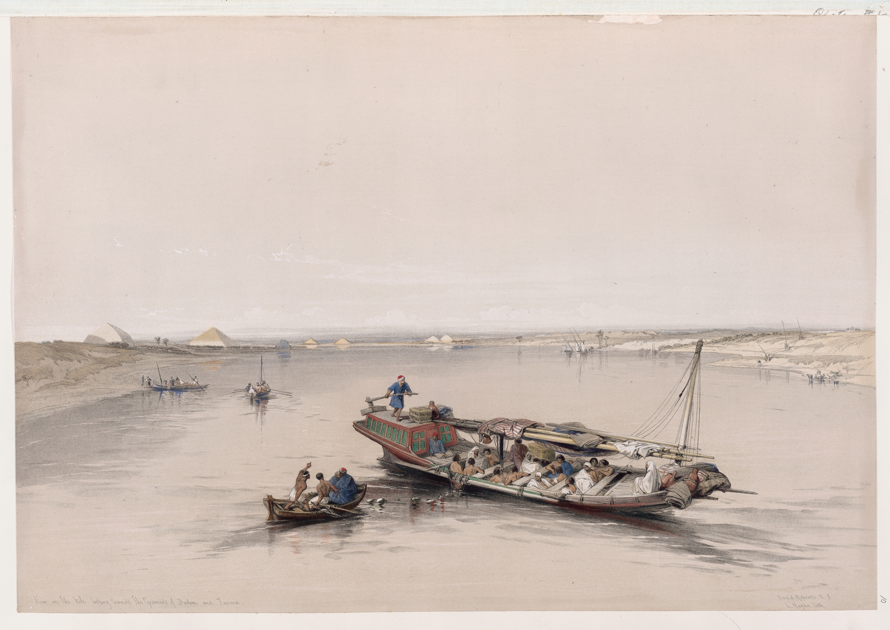 View on the Nile looking towards the pyramids of Dashour [Dahshûr]and Saccara [Saqqârah]., by David Roberts, public domain