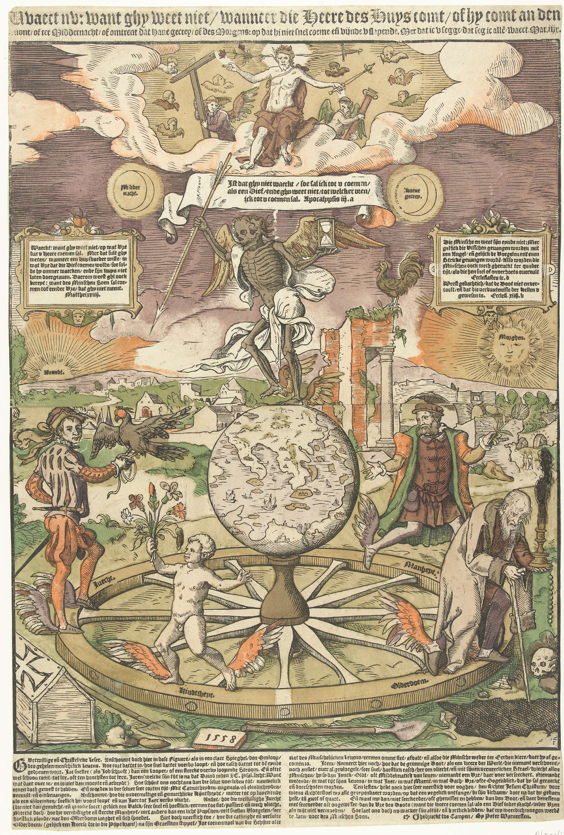 Engraving Het levensrad by Monogrammist AI, depicting a central wheel and intricate patterns.
