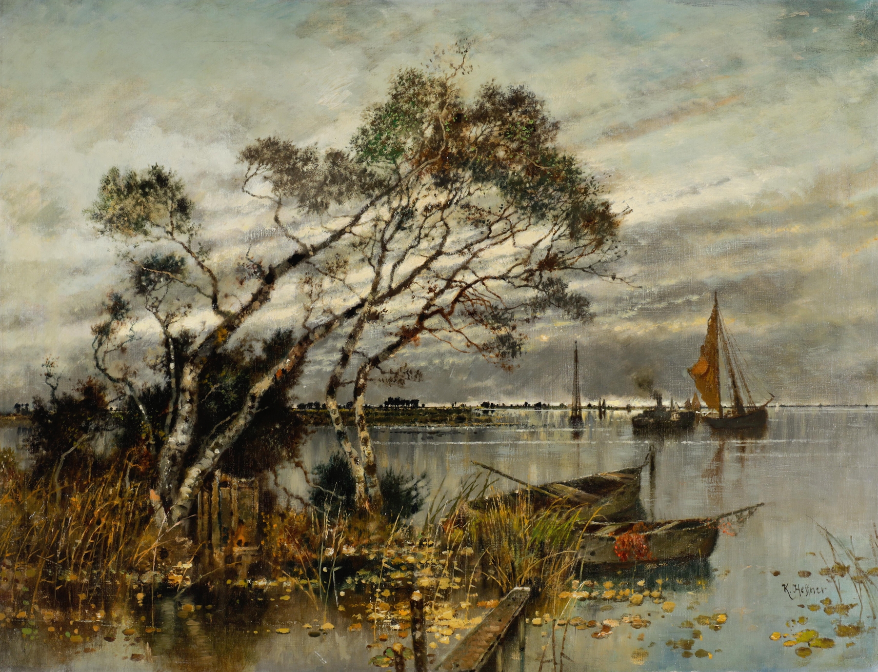 Landschaft an der Nordsee by Karl Heffner, oil on canvas depicting a tranquil sea and horizon.