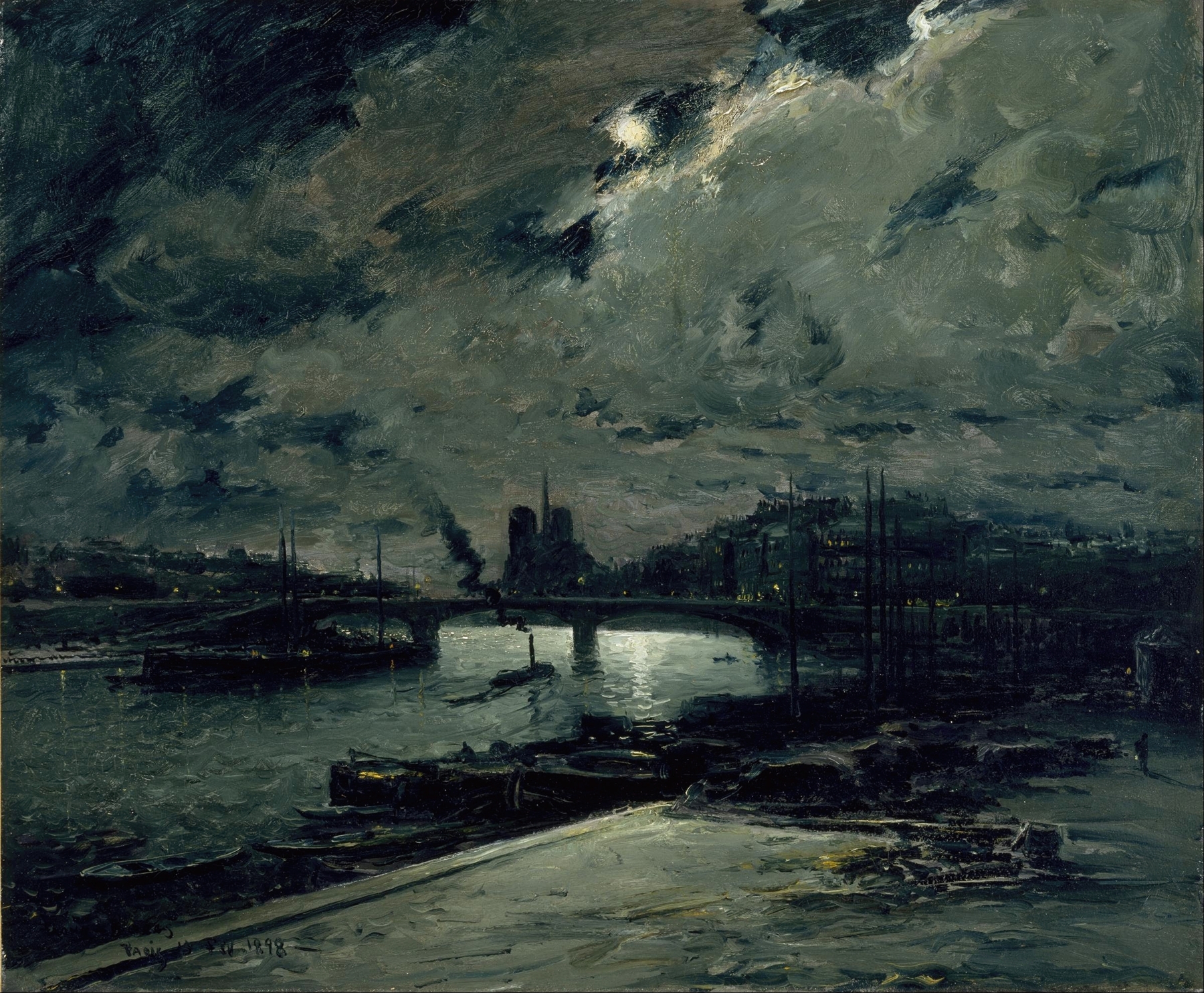 Oil painting by Frank Myers Boggs depicting moonlight over the Seine in Paris.