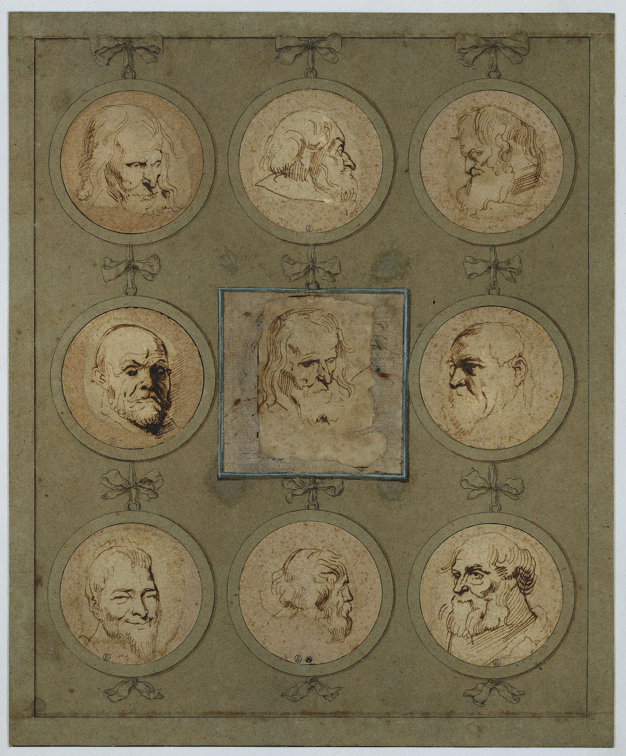 Verzamelblad met negen studiekoppen in medaillons, by Anthony van Dyck, public domain