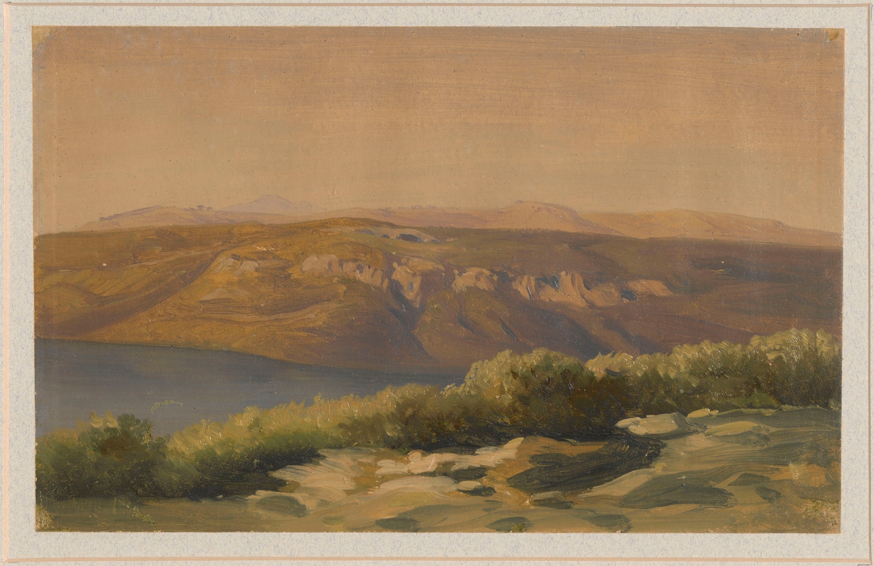Hilly lake shore by Arthur Blaschnik, oil painting depicting a tranquil landscape with hills and a shimmering lake.