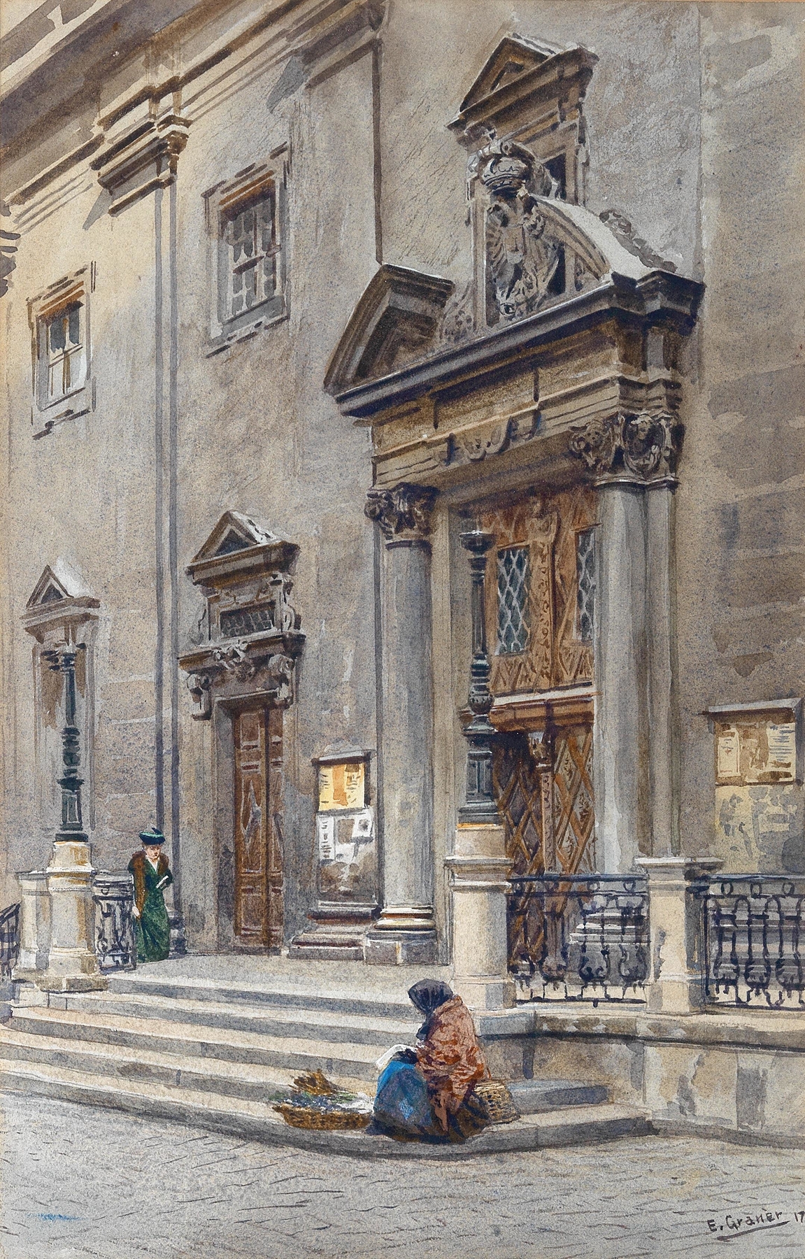 Oil on canvas by Ernst Graner depicting figures in front of the Jesuit church in Vienna
