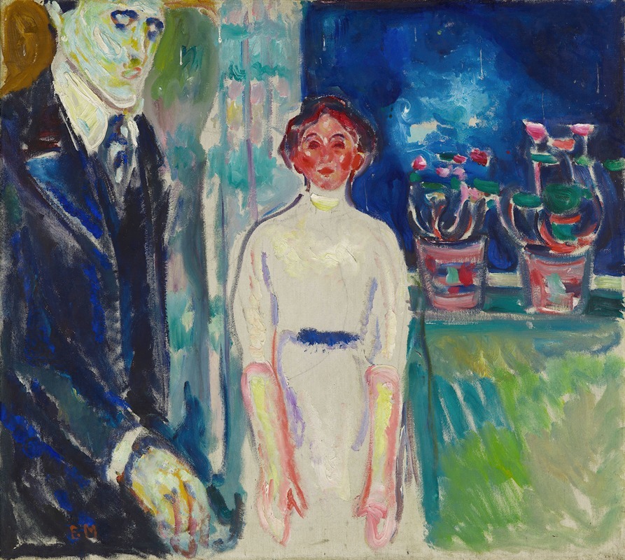 A couple stands by a window surrounded by potted plants in Edvard Munch's expressive style.