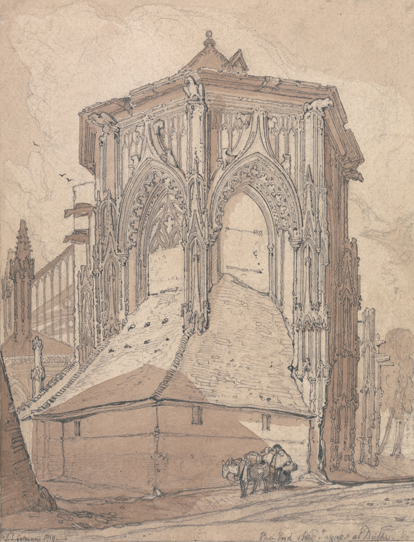 Watercolour by John Sell Cotman depicting a church and sky in Normandy