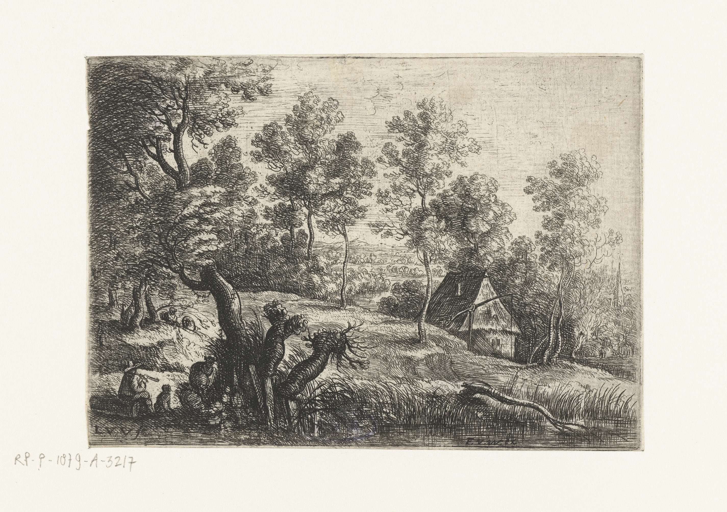 Etching by Lucas van Uden depicting a landscape with a house and a water well