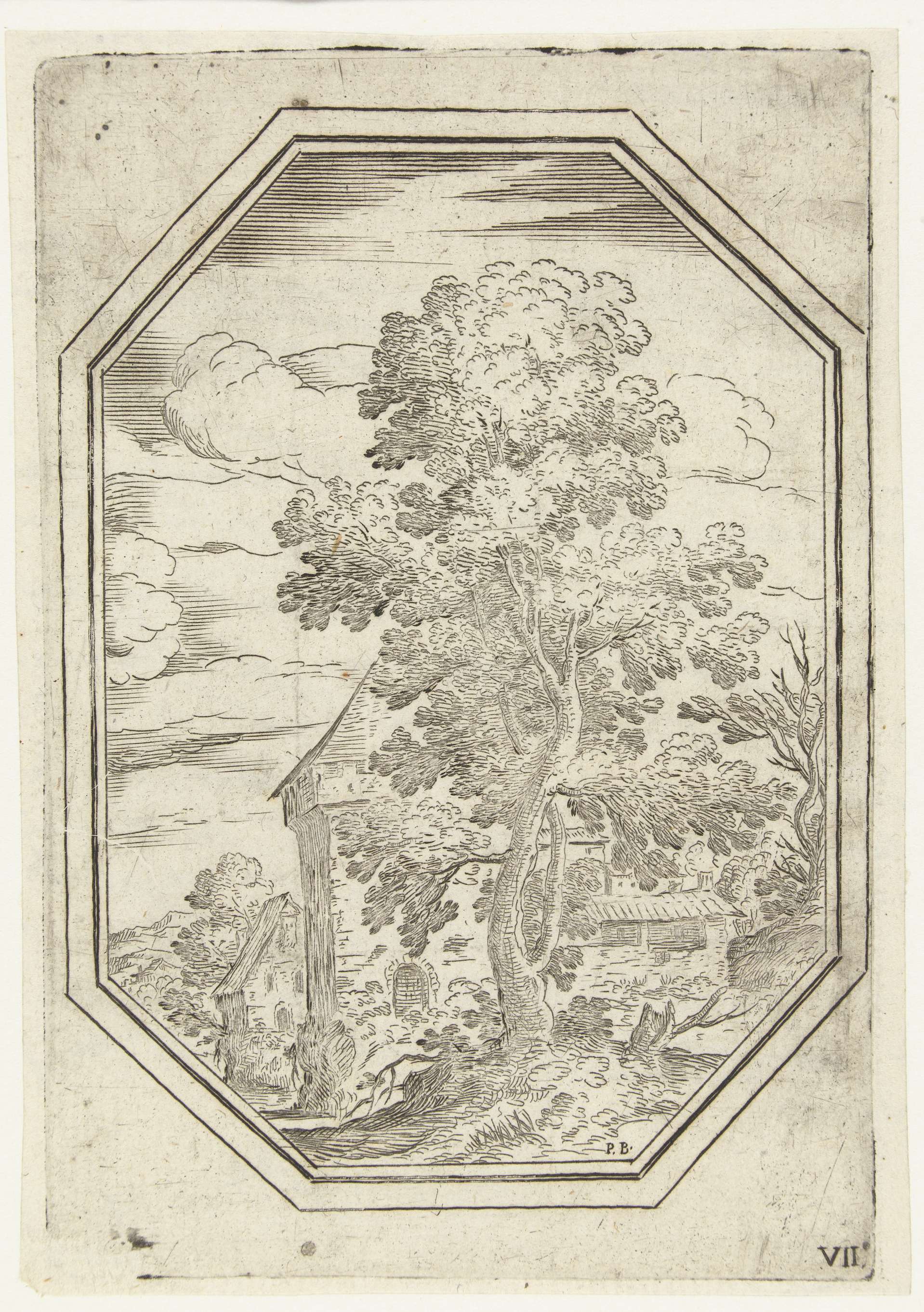 Landschap met grote boom in octagonaal kader, by Paul Bril, public domain