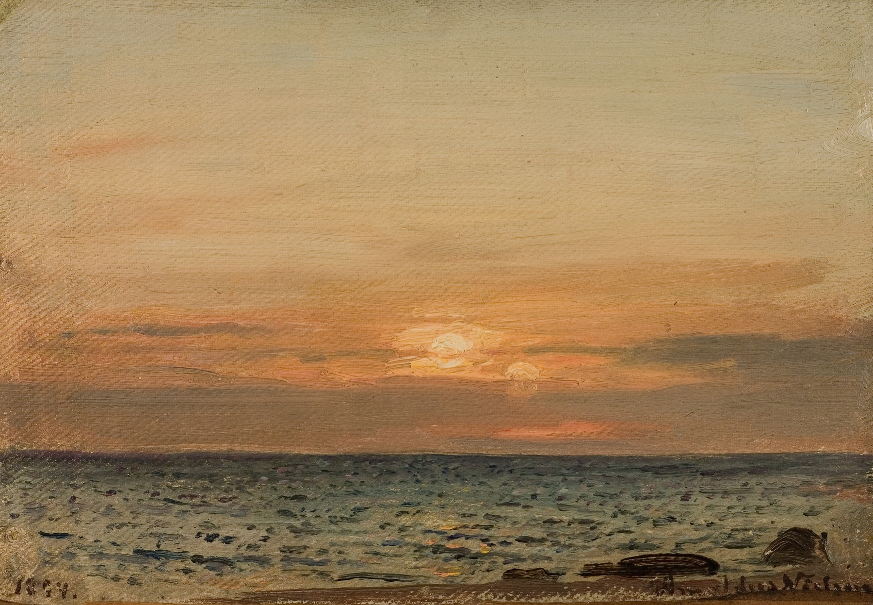 Aftenstemning by Amaldus Nielsen, oil on canvas depicting a dusk landscape with water reflections.