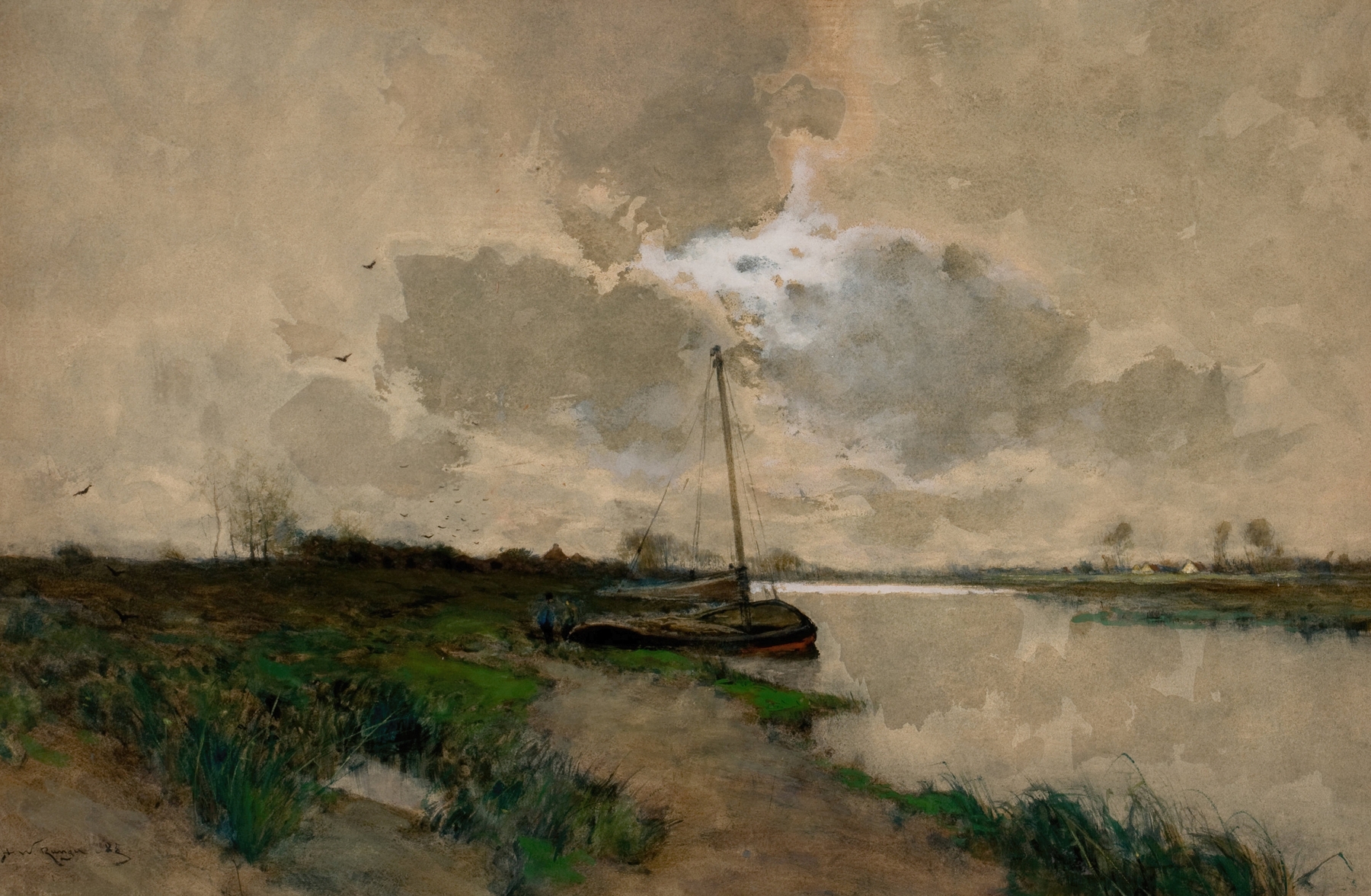 On the Scheldt, Holland by Henry Ward Ranger, oil painting depicting a figure at twilight by the river