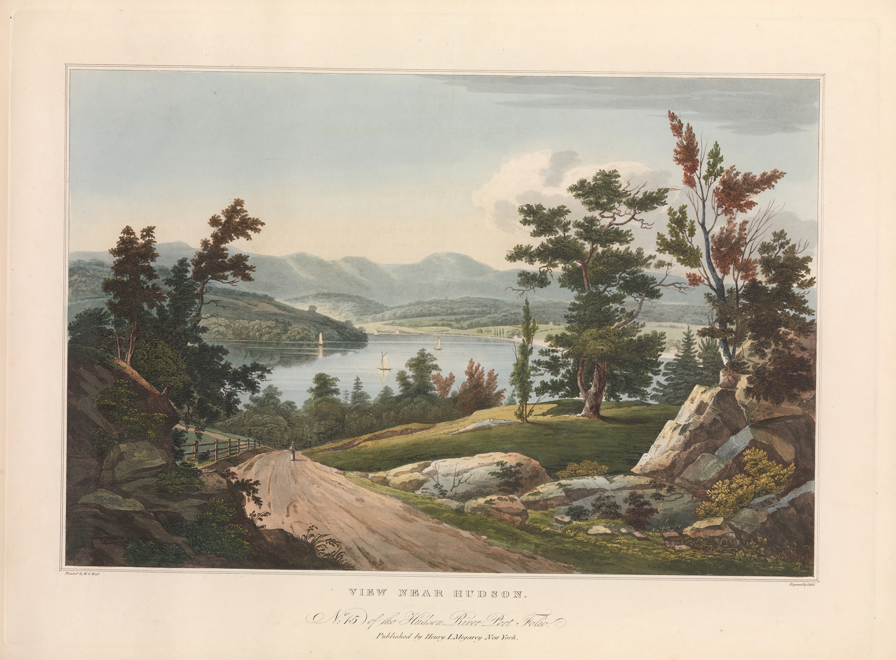 View Near Hudson by John Hill, depicting a serene landscape with hills and a river, oil painting