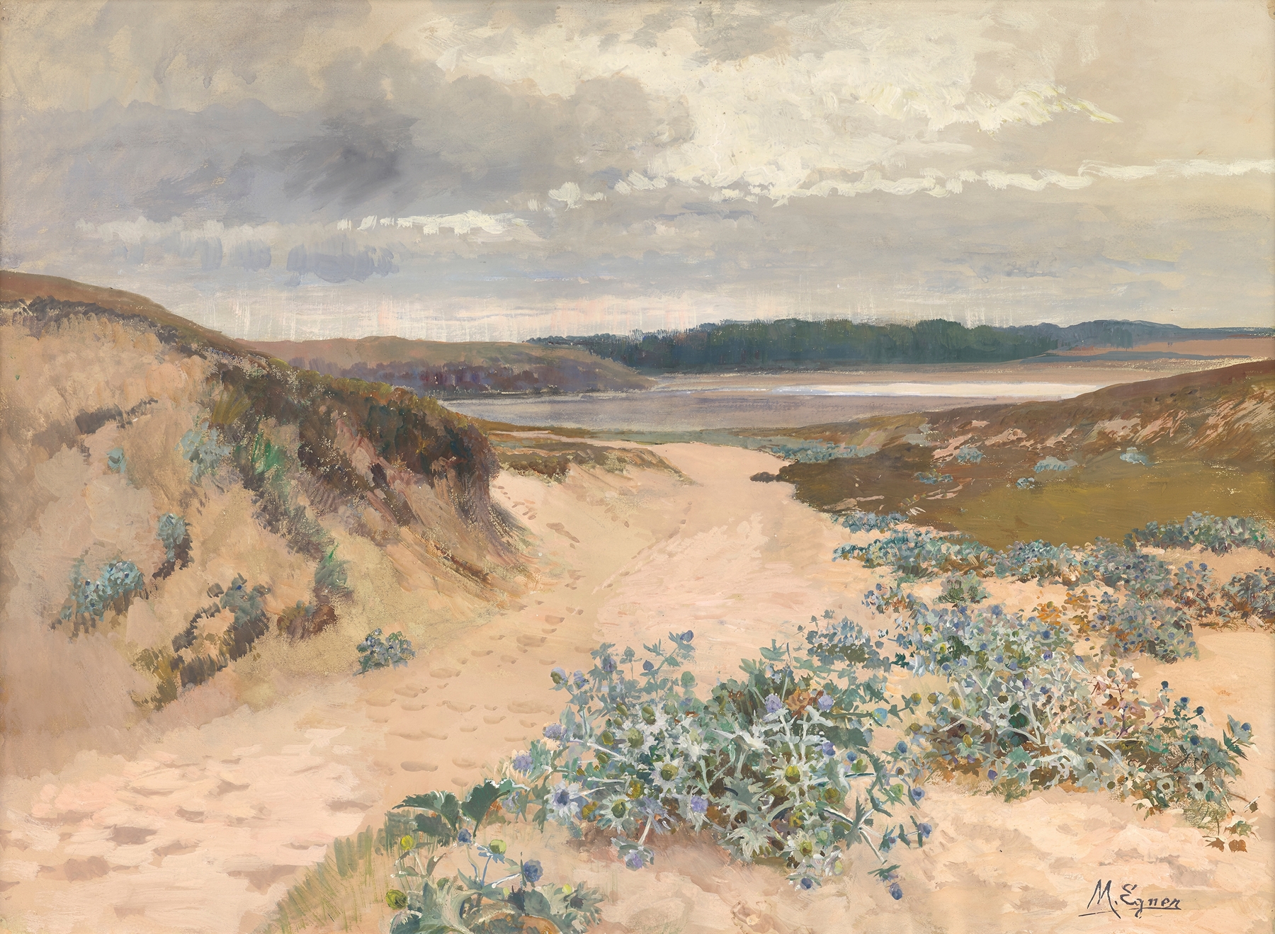Dünenlandschaft in der Bretagne by Marie Egner, oil painting depicting dunes and sea grass.