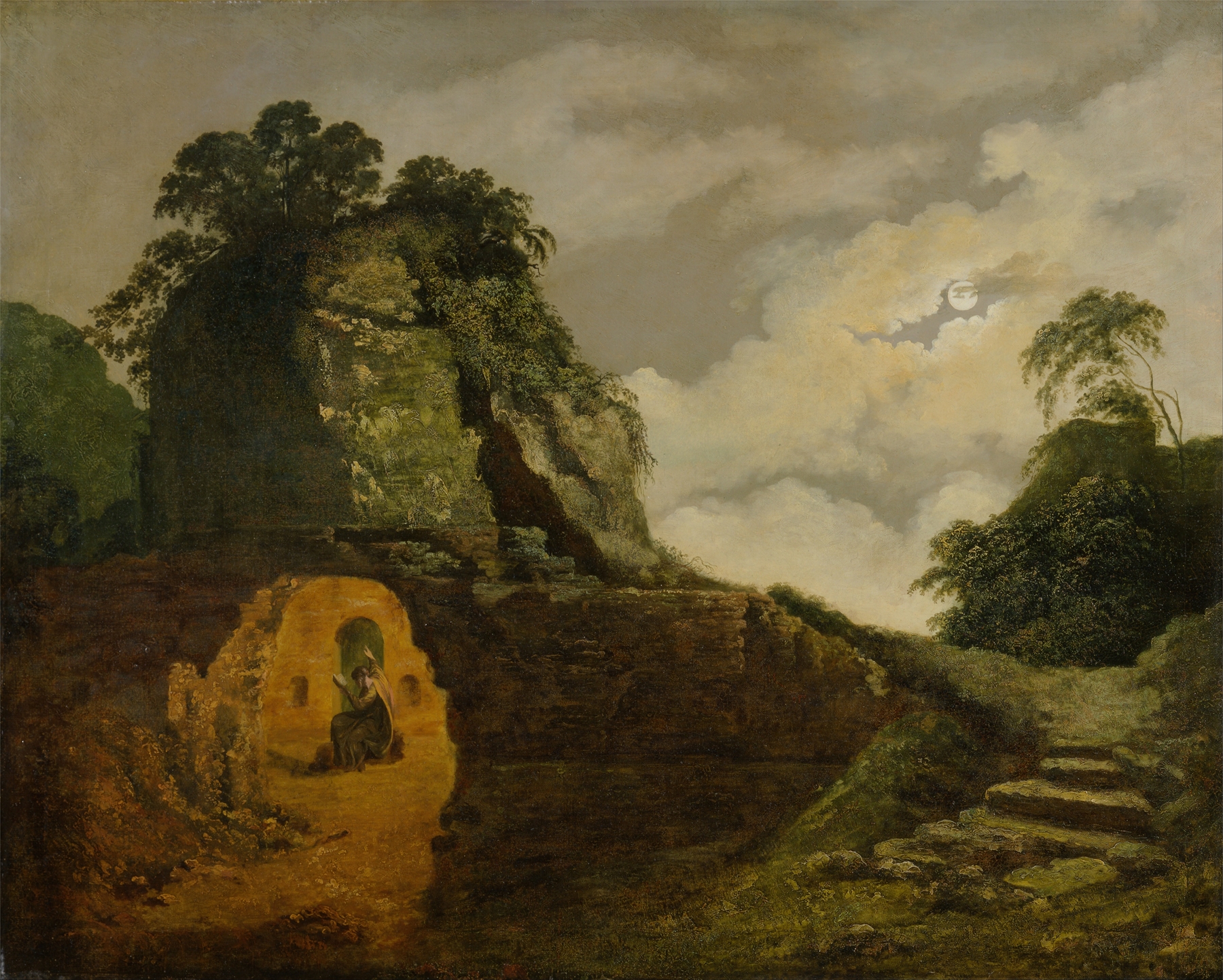 Virgil’s Tomb by Moonlight, with Silius Italicus, by Joseph Wright of Derby, public domain