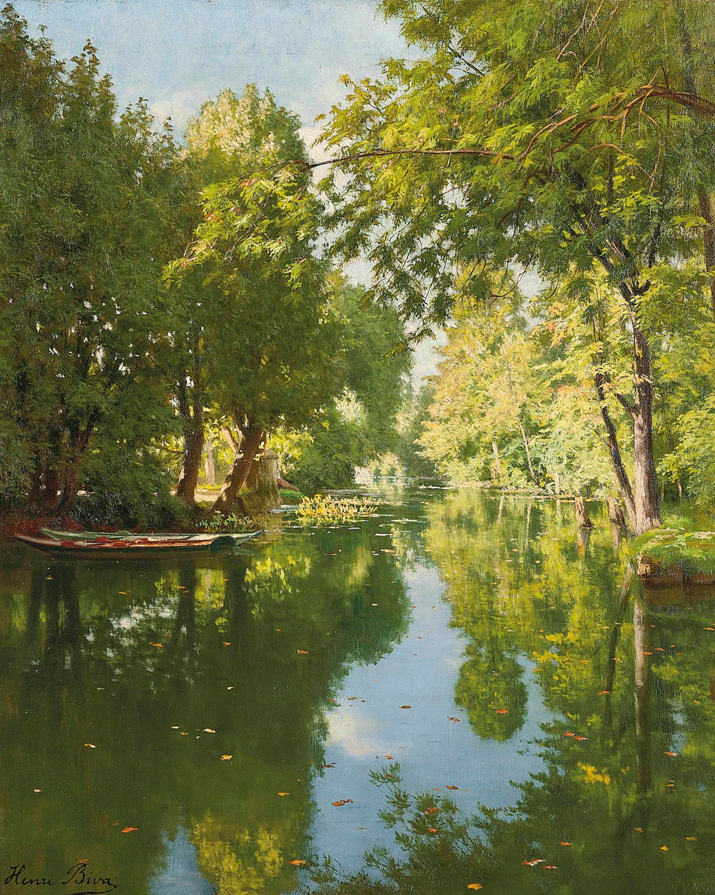Punts moored on still waters, oil on canvas by Henri Biva
