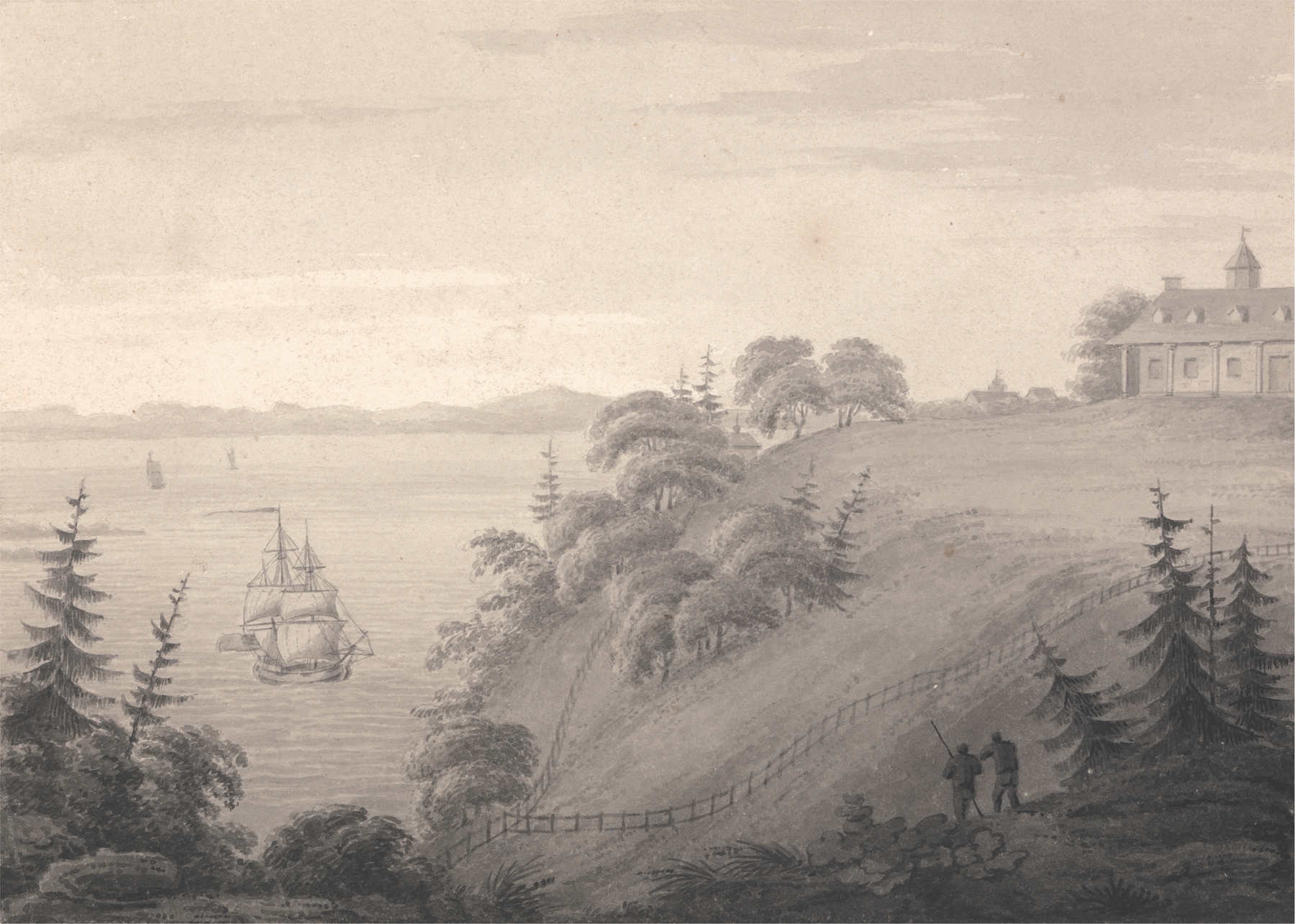 Engraving of Mount Vernon by Isaac Weld, featuring a landscape with rolling hills.