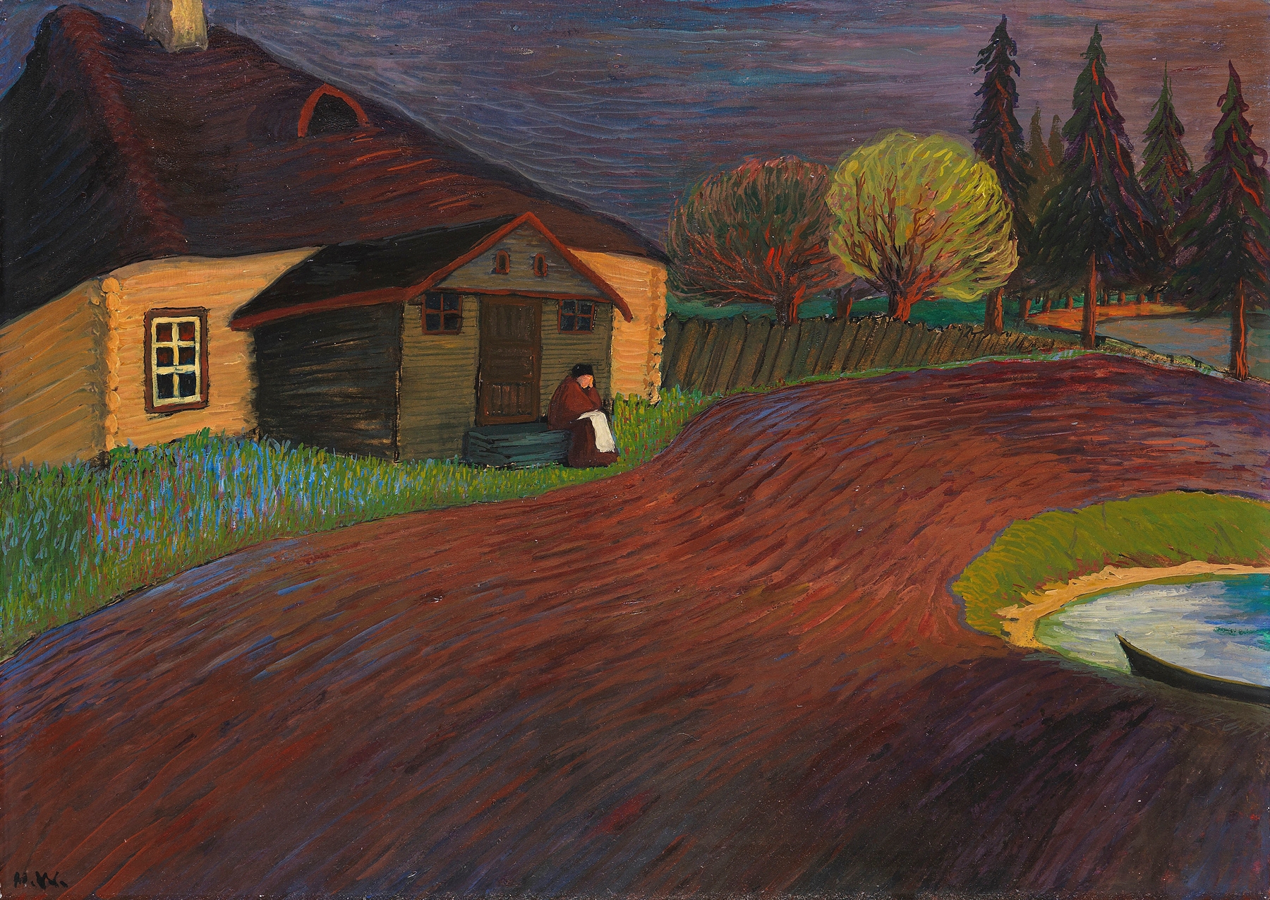 Figurative oil painting by Marianne von Werefkin, featuring swirling forms and dynamic colors.