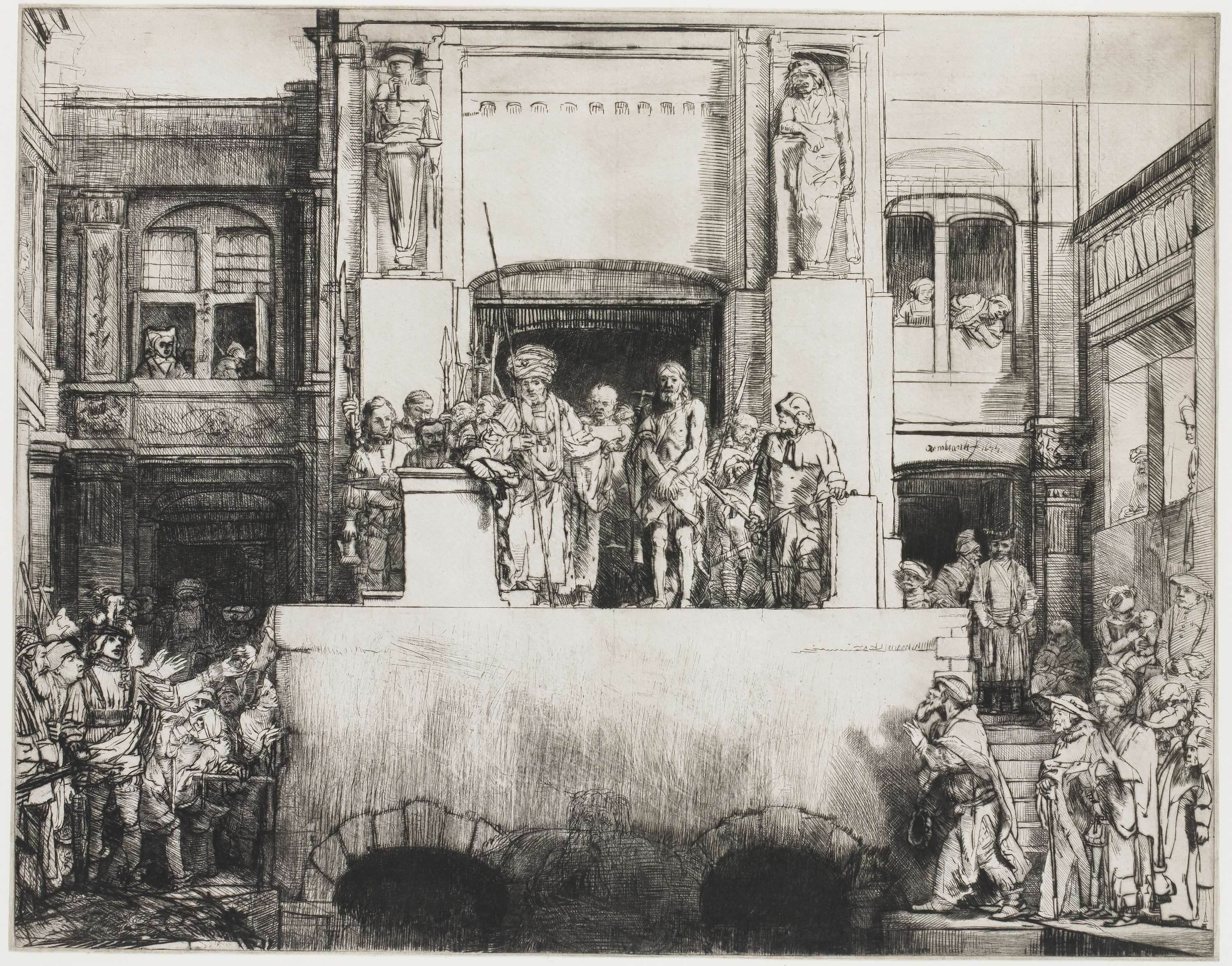 Christ presented to the people: oblong plate, by Rembrandt van Rijn, public domain