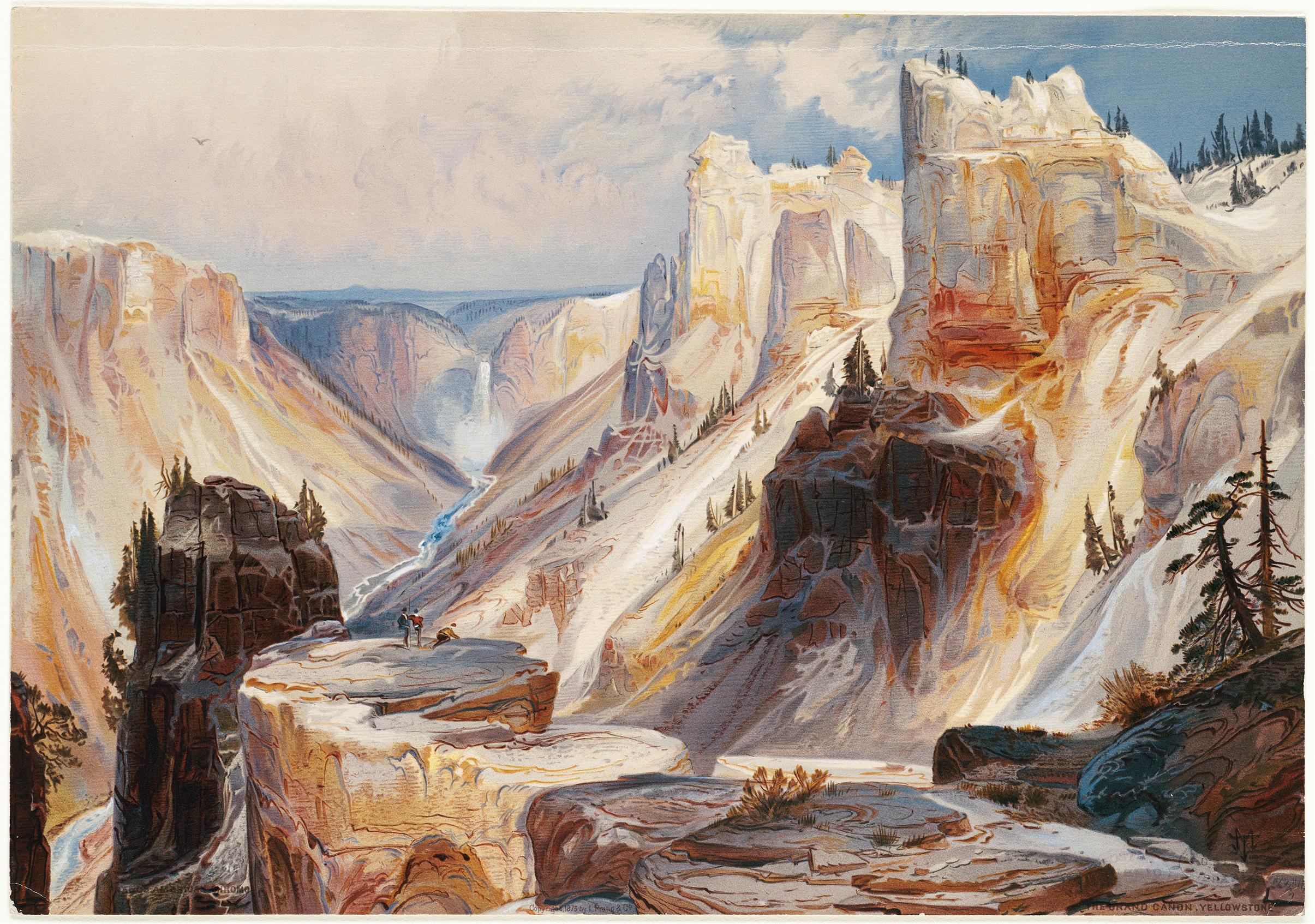The Grand Canyon, Yellowstone by Thomas Moran, oil painting depicting cliffs and a river at sunset.