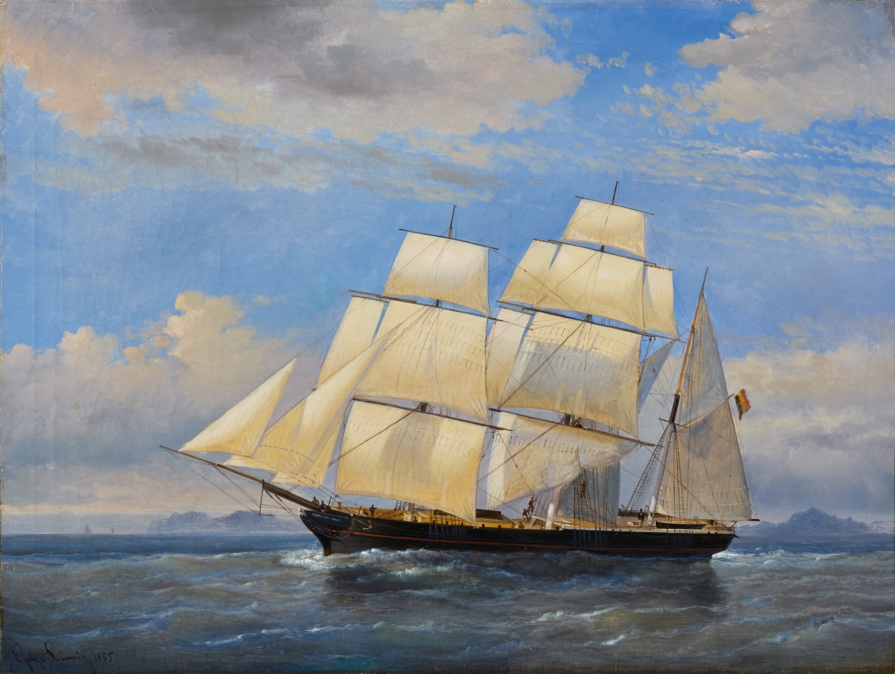 Three-masted bark ship with sails in a soft sky by Egide Linnig, oil painting